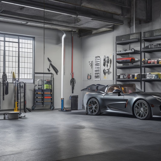 A well-lit, clutter-free garage with a sleek, silver wall-mounted tool rack, holding various tools and gadgets, against a clean, gray concrete wall, with a shiny, black sports car in the background.