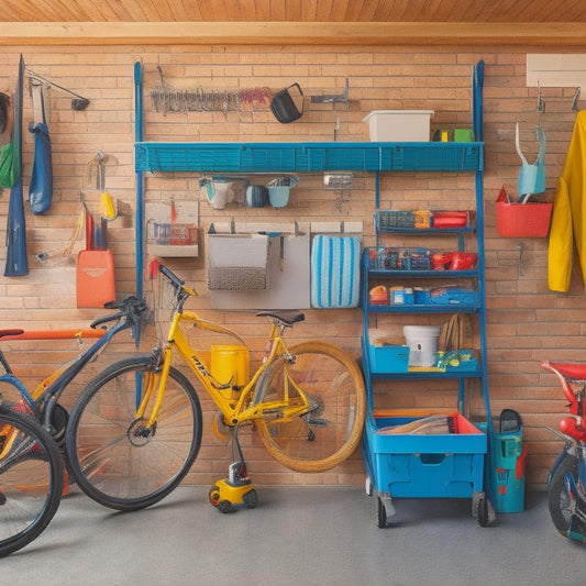 A clutter-free, well-organized tiny garage with a pegboard on the back wall, holding various tools and accessories, and a few bicycles and storage bins neatly arranged on the floor.