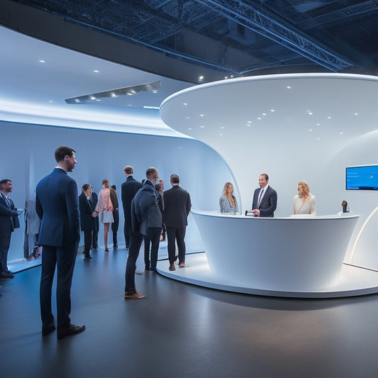 A futuristic, sleek, and modern exhibit space with curved LED lights, a large interactive touchscreen, and a minimalist white podium, surrounded by a bustling crowd of diverse professionals.