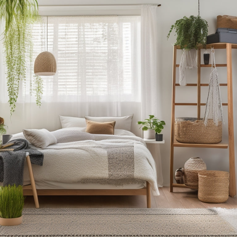 A tidy, minimalist bedroom with a floor-to-ceiling cord organizer, a hanging shelf with woven baskets, and a macrame plant hanger, amidst a blurred background of cluttered rooms.