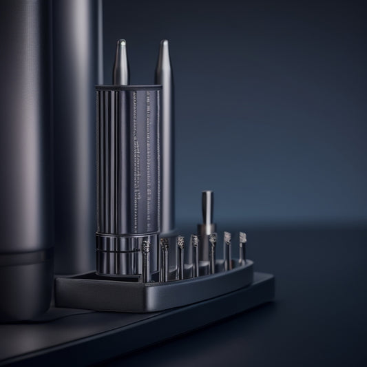 A close-up shot of a sleek, silver drill holder set with L-shaped hooks, arranged on a dark gray or black background, with subtle shadows and soft, diffused lighting.