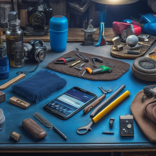 A cluttered workbench with scattered tools and hardware, alongside a tidy smartphone displaying a clean digital tool organizer app, with colorful icons and categorized sections.