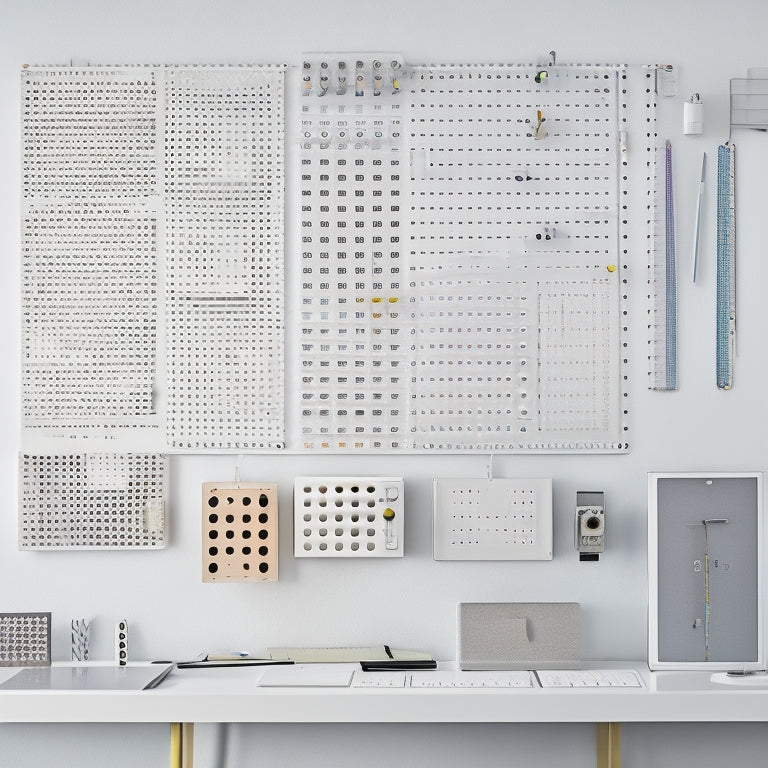 A modern, minimalist office with a sleek, silver metal pegboard mounted on a wall, adorned with various office supplies, tools, and accessories, against a clean, white background.