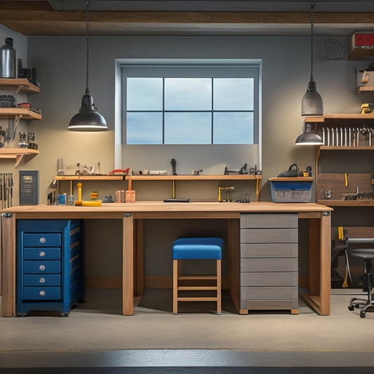 A well-lit, modern workshop with a sturdy, grey ETAB-200M1E professional workbench with cabinet, surrounded by various tools and equipment, with a subtle wood grain background.