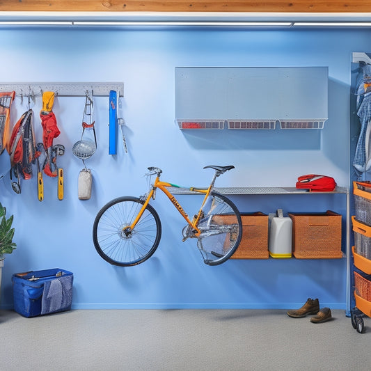 A well-organized garage with sleek, silver heavy-duty hooks mounted on a pegboard, holding various tools, bikes, and storage bins, surrounded by a clean, gray concrete floor and white walls.