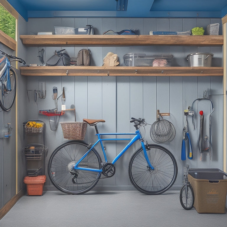 A clutter-free garage with a slatwall panel, featuring a mix of hooks, bins, and baskets in a harmonious arrangement, with a few bikes, tools, and accessories neatly organized and hanging from the wall.