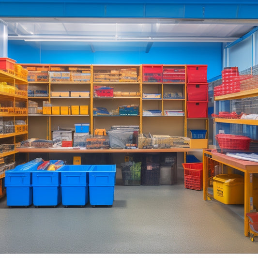 An organized warehouse with labeled bins, a tidy workbench with tools arranged by function, and a colorful diagram on a whiteboard showcasing a streamlined workflow, surrounded by minimal clutter.
