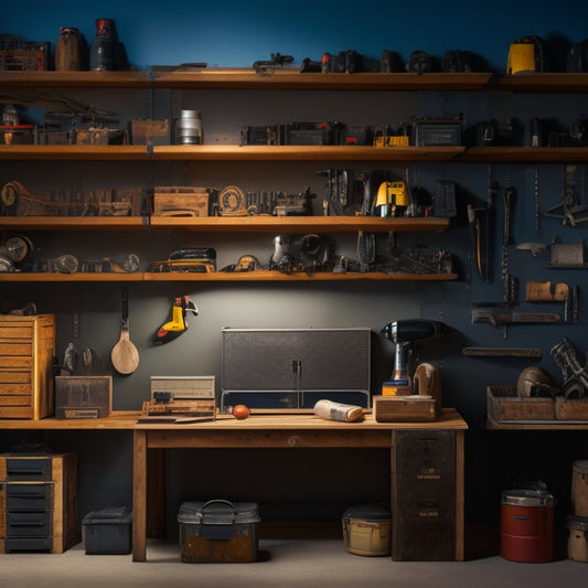A neatly organized workshop with a pegboard, toolbox, and shelving units, featuring a mix of power tools, hand tools, and accessories, illuminated by a single, warm overhead light.
