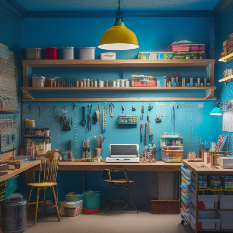 A brightly lit craft room with a large pegboard on the wall, holding various tools and supplies, such as scissors, paintbrushes, and bins, all neatly organized and easily accessible.