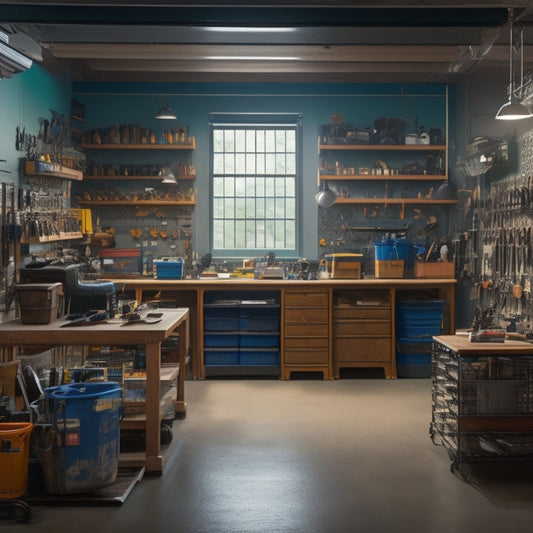 A tidy, well-lit commercial workshop with rows of organized tool chests, labeled pegboards, and suspended bins, surrounded by busy technicians efficiently working on various projects amidst a clutter-free environment.