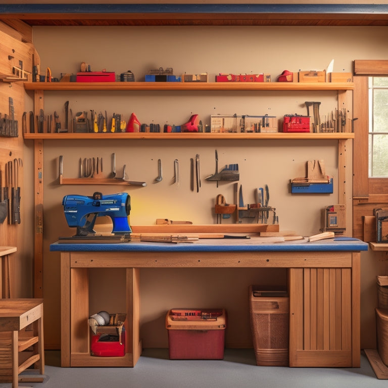 A tidy woodshop with a wall-mounted pegboard holding various tools, a labeled storage bin for lumber, and a workbench with a vice and a small, organized tray for hardware.