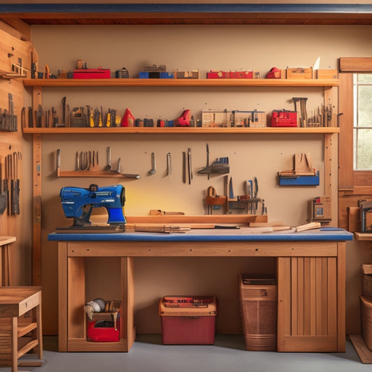 A tidy woodshop with a wall-mounted pegboard holding various tools, a labeled storage bin for lumber, and a workbench with a vice and a small, organized tray for hardware.