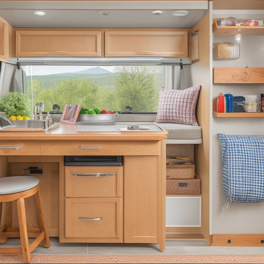 A clutter-free RV interior with a converted dinette table into a slide-out tool organizer, adjacent to a wall-mounted pegboard with hooks and baskets, and a storage ottoman with a lift-top lid.