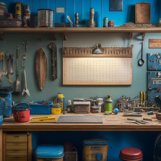 A cluttered workshop with a partially assembled pegboard on the wall, surrounded by scattered tools and hardware, with a few hooks attached, and a faint outline of a local map on a nearby table.