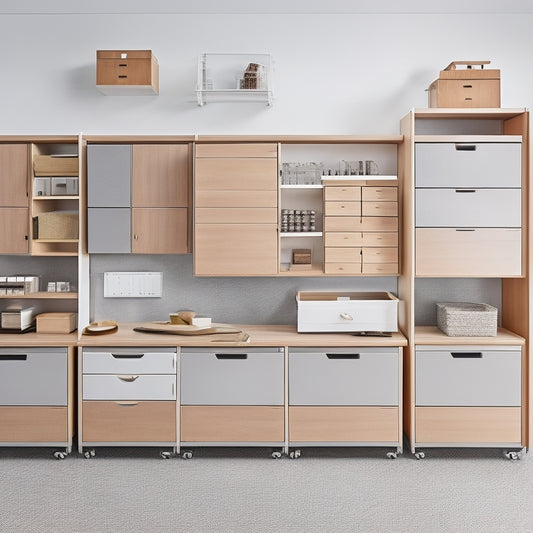 A compact, modern workshop with sleek modular storage units, featuring interlocking shelves, drawers, and baskets in a harmonious blend of wood and metal tones, against a clean white background.