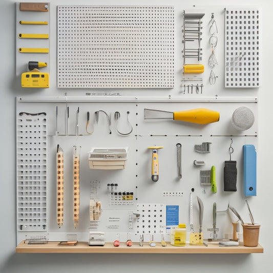 A pegboard with various tools and accessories organized by type and frequency of use, against a clean white background, with soft shadows and subtle lighting, showcasing optimal storage and accessibility.