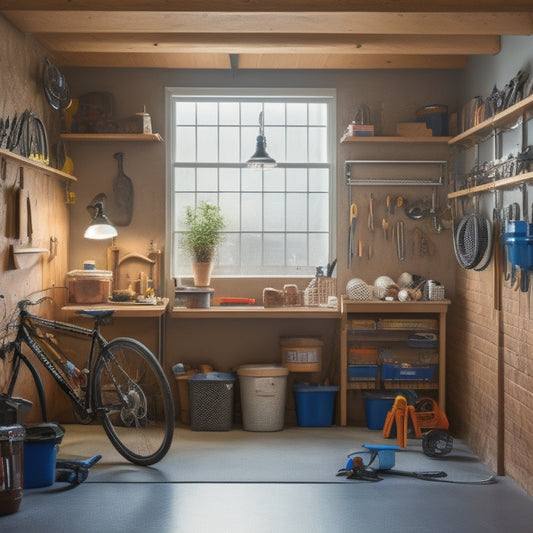 A cluttered small garage with scattered tools, bicycles, and storage bins, transformed into a sleek, organized space with a pegboard, shelving units, and a workbench, with natural light pouring in.
