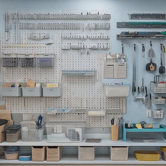 An organized workshop with a large, wall-mounted pegboard featuring various hooks, bins, and accessories in a sleek, modern design, surrounded by tools and machinery in a clutter-free environment.