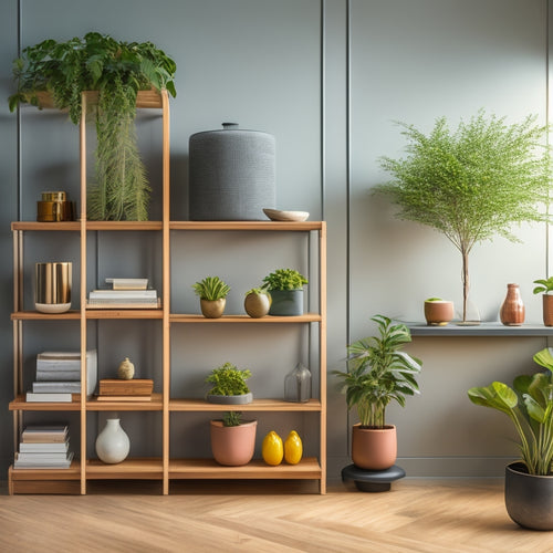 A minimalist, well-lit room with a wooden floor, featuring a wooden and metal shelving unit with clean lines, holding neatly arranged books, decorative vases, and potted plants, against a light-gray background.