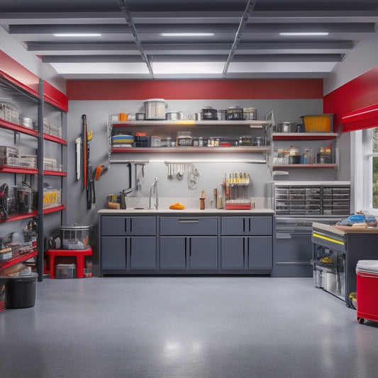 A well-lit, clutter-free garage with sleek, grey cabinets featuring slide-out drawers and adjustable shelving, holding a variety of tools and equipment, with a red toolbox and a few scattered wrenches on the floor.