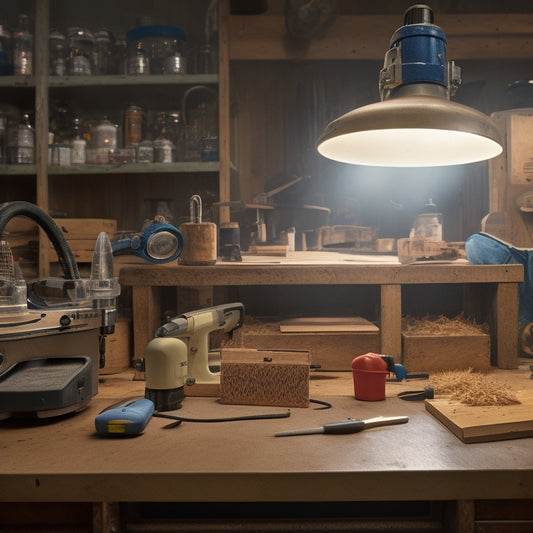 A well-lit workshop scene featuring a router table with a router mounted, surrounded by safety goggles, ear protection, and a push stick, with a partially cut wooden board and shavings scattered around.