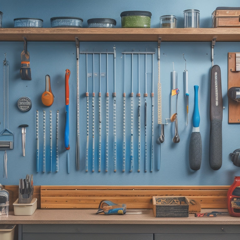 A tidy garage wall with various tools and accessories neatly organized on a pegboard, hooks, and bins, surrounded by a few well-placed shelves and a workbench in the background.