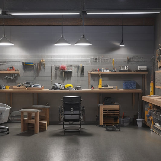 A well-lit, modern garage workspace featuring three different workbenches with integrated pegboards, each with various tools and accessories hanging from hooks, against a clean, gray concrete backdrop.