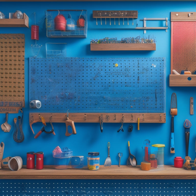 A large, horizontal pegboard with a warm wooden frame, adorned with an assortment of colorful hooks, bins, and baskets, holding various tools, gadgets, and accessories in an organized manner.