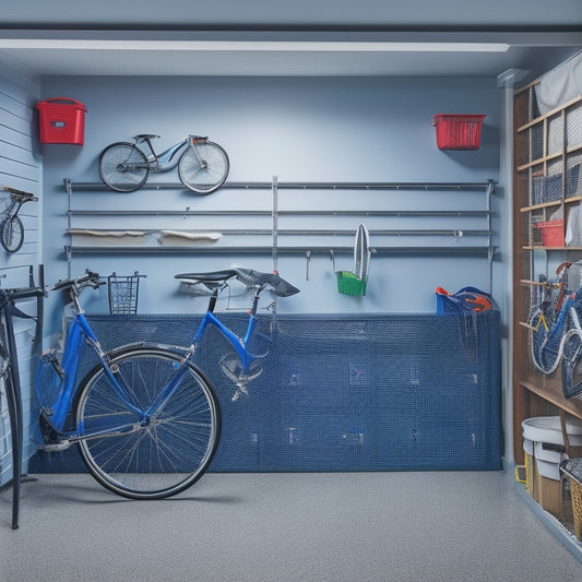 A clutter-free garage with a sleek, silver pegboard adorned with neatly organized bins, baskets, and hooks, surrounded by a few well-placed bicycles and a sports equipment corner.