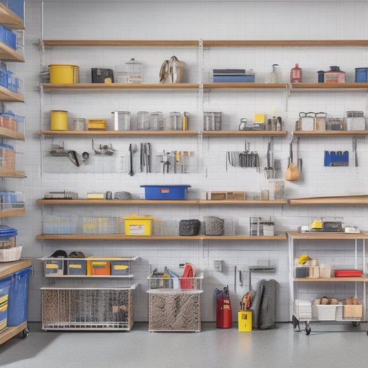 A clutter-free garage with a pegboard on the wall, holding various tools and accessories, adjacent to a shelving unit with labeled bins and a rolling cabinet with drawers, all in a tidy, organized arrangement.