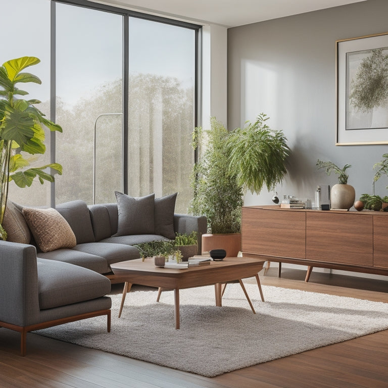 A modern living room with floor-to-ceiling windows, featuring a sleek, minimalist floating shelf in walnut wood, adorned with a few decorative vases, and a few potted plants.