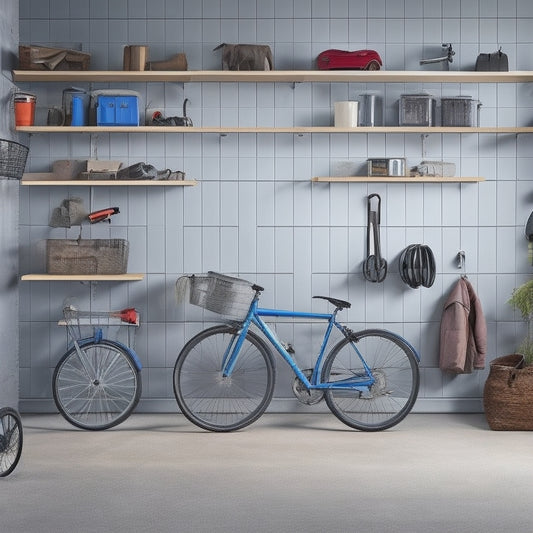 A clutter-free garage with a gray concrete floor, featuring a slatwall with hooks holding bikes, tools, and bins, adjacent to a sturdy wooden shelving unit with labeled storage containers.