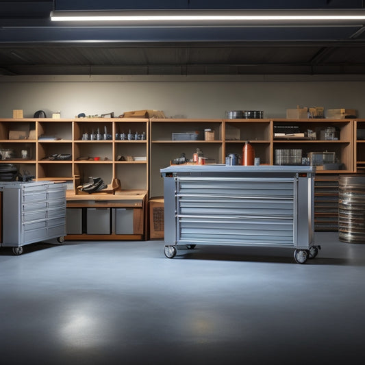 A clutter-free workshop with a large, stainless steel tool box featuring 5-7 drawers of varying sizes, each with a polished metal handle, set against a clean, gray concrete background.