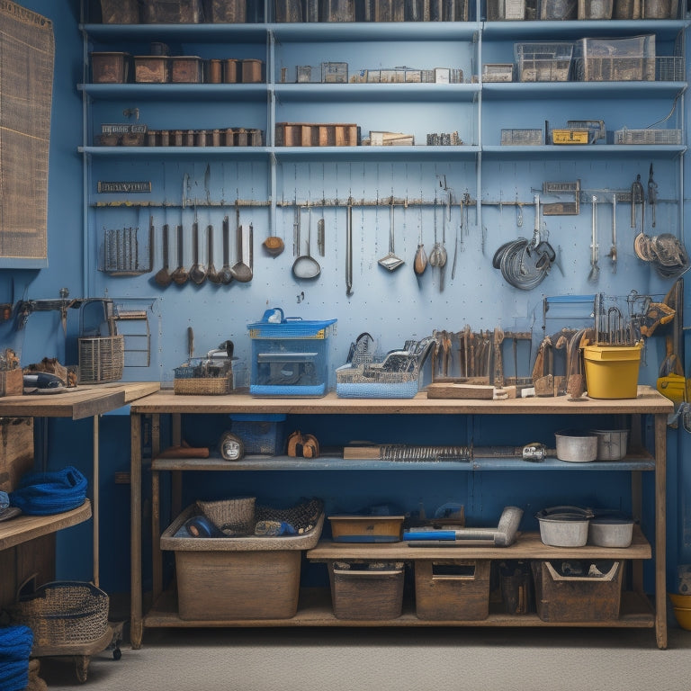 A well-organized workshop with a pegboard covered in custom-labeled hooks, bins, and baskets, surrounded by neatly arranged tool chests, cabinets, and shelves, with a few tools and machinery in the background.