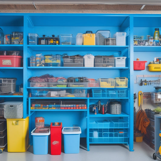 A well-organized garage with color-coded bins, a pegboard with neatly hung tools, and a shelving unit with labeled containers, surrounded by a clean and clutter-free floor.