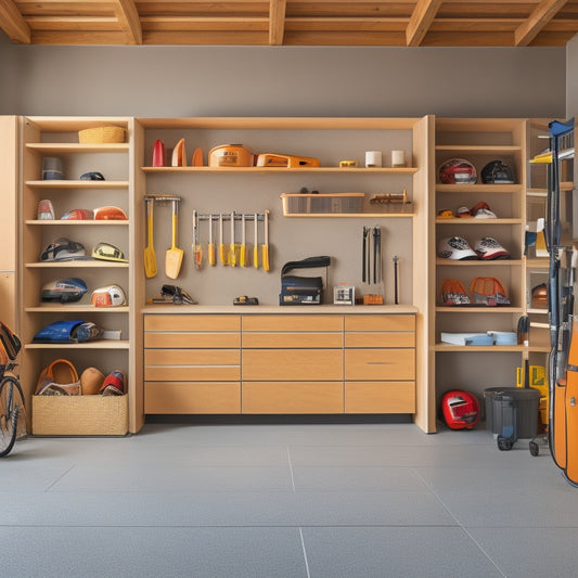 A well-organized garage with wooden storage cabinets in varying sizes, filled with tools, sports equipment, and bins, against a light-gray concrete floor and a warm beige wall.