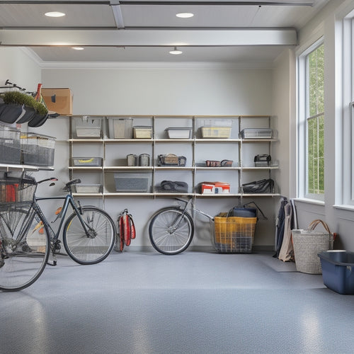 A clutter-free garage interior with sleek, floor-to-ceiling storage units, slotted shelves, and hanging bike racks, surrounded by a few well-placed bins and baskets, illuminated by natural light.