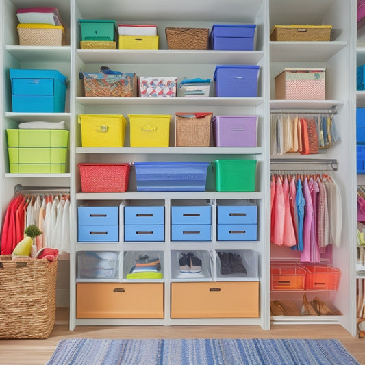 A colorful, clutter-free closet interior featuring a mix of Elfa shelves, drawers, and bins in various sizes, with a few stylish storage baskets and a floor-to-ceiling storage unit.