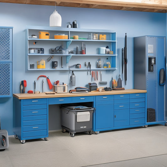 A clutter-free garage with a sleek, gray epoxy-coated workbench, surrounded by organized tool pegboards, overhead storage bins, and a slide-out trash can, with a few neatly arranged power tools on the countertop.