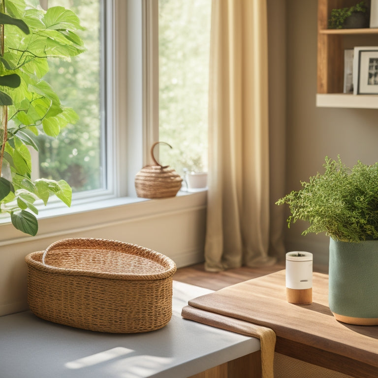 A serene, decluttered room with a compact desk, a minimalist bookshelf, and a woven storage basket, surrounded by calming greenery and soft, natural light filtering through a window.