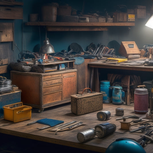 A cluttered workshop with scattered tools, tangled cords, and open drawers, contrasted with a small, sleek, and perfectly organized toolbox in the corner, with neatly arranged tools and a closed lid.