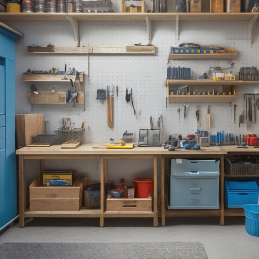 A tidy workshop with a pegboard covered in neatly arranged tools, bins, and baskets, surrounded by a workbench with built-in drawers and a shelving unit with labeled compartments.