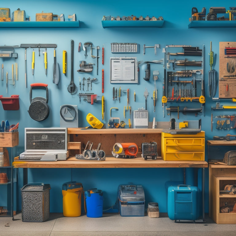 A clutter-free workshop with a large, wall-mounted pegboard, adorned with assorted HVAC tools and accessories, including wrenches, pliers, and multimeters, with a toolbox and HVAC machinery in the background.