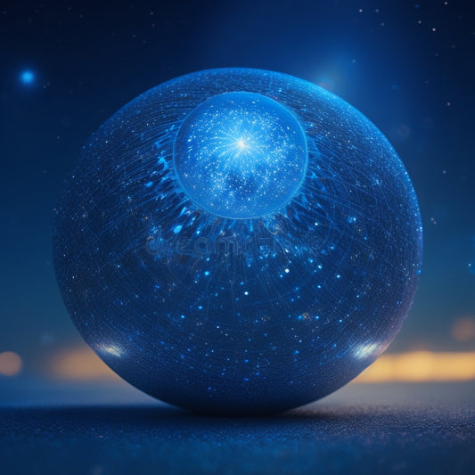 A futuristic, glowing blue orb surrounded by orbiting nodes, with wispy connections radiating outward, set against a dark, starry night sky with subtle, shimmering circuitry patterns.