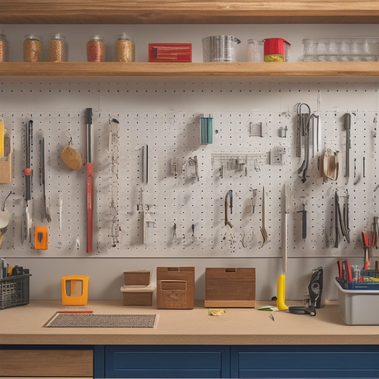 An organized pegboard with neatly arranged tools and keys, surrounded by a clean and clutter-free workbench, with a few strategically placed storage bins and a sliding drawer in the background.