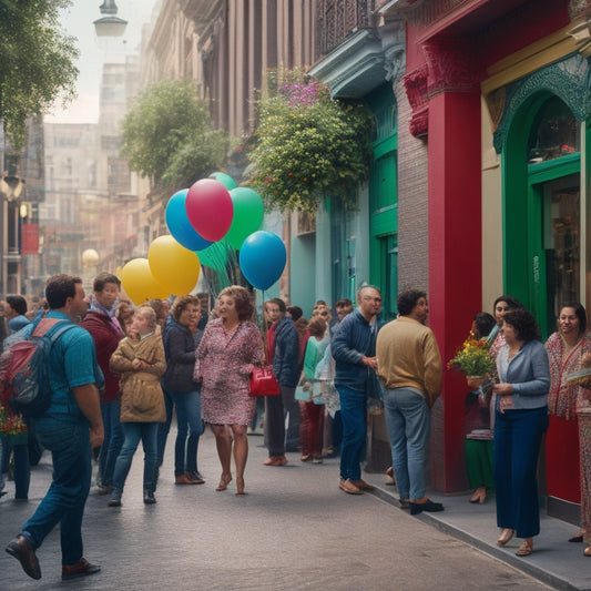 A vibrant street scene with a newly opened shop, balloons tied to the door, and a crowd of smiling people gathered outside, surrounded by lush greenery and colorful storefronts.
