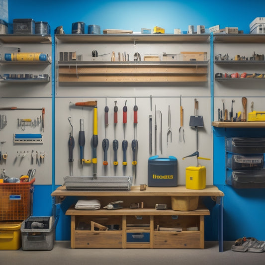A clutter-free workshop with a pegboard on the wall, holding various tools like hammers and screwdrivers, alongside a shelving unit with labeled bins and a toolbox with a sliding drawer.