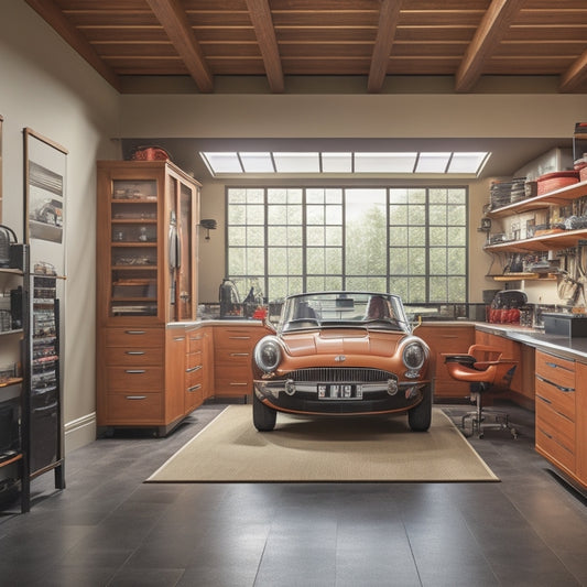 A well-organized garage interior with sleek, floor-to-ceiling cabinets in a warm wood tone, polished metal handles, and soft, warm lighting, surrounded by a few strategically placed tools and a sports car.