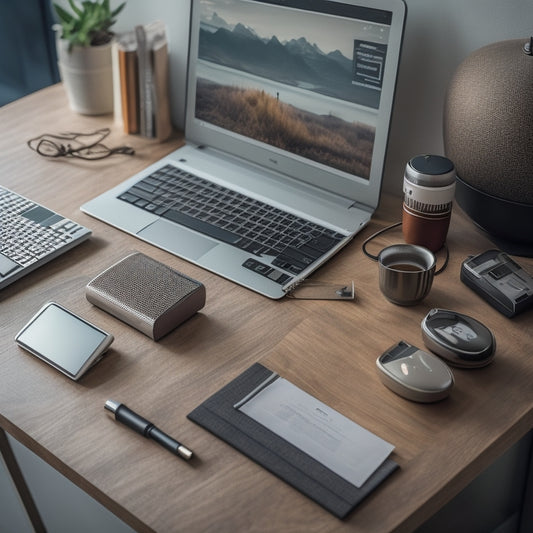 A clutter-free workstation with a sleek, silver laptop, a small, wooden desk organizer, and a few, neatly labeled USB drives, surrounded by a subtle, grid-patterned background.