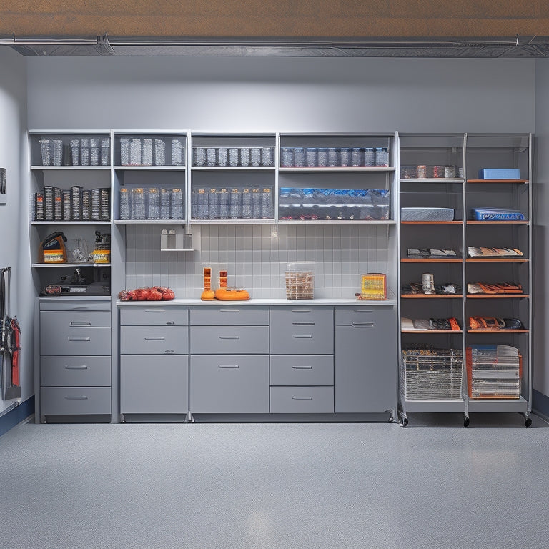 A well-organized garage with a built-in storage system, featuring sleek gray cabinets, adjustable shelving, and a slatwall with hooks and baskets, surrounded by a polished concrete floor and bright LED lighting.